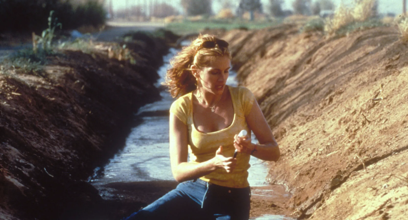  scenes from Erin Brockovich film where Julia Roberts acting as Erin takes water samples in Hinckley 
